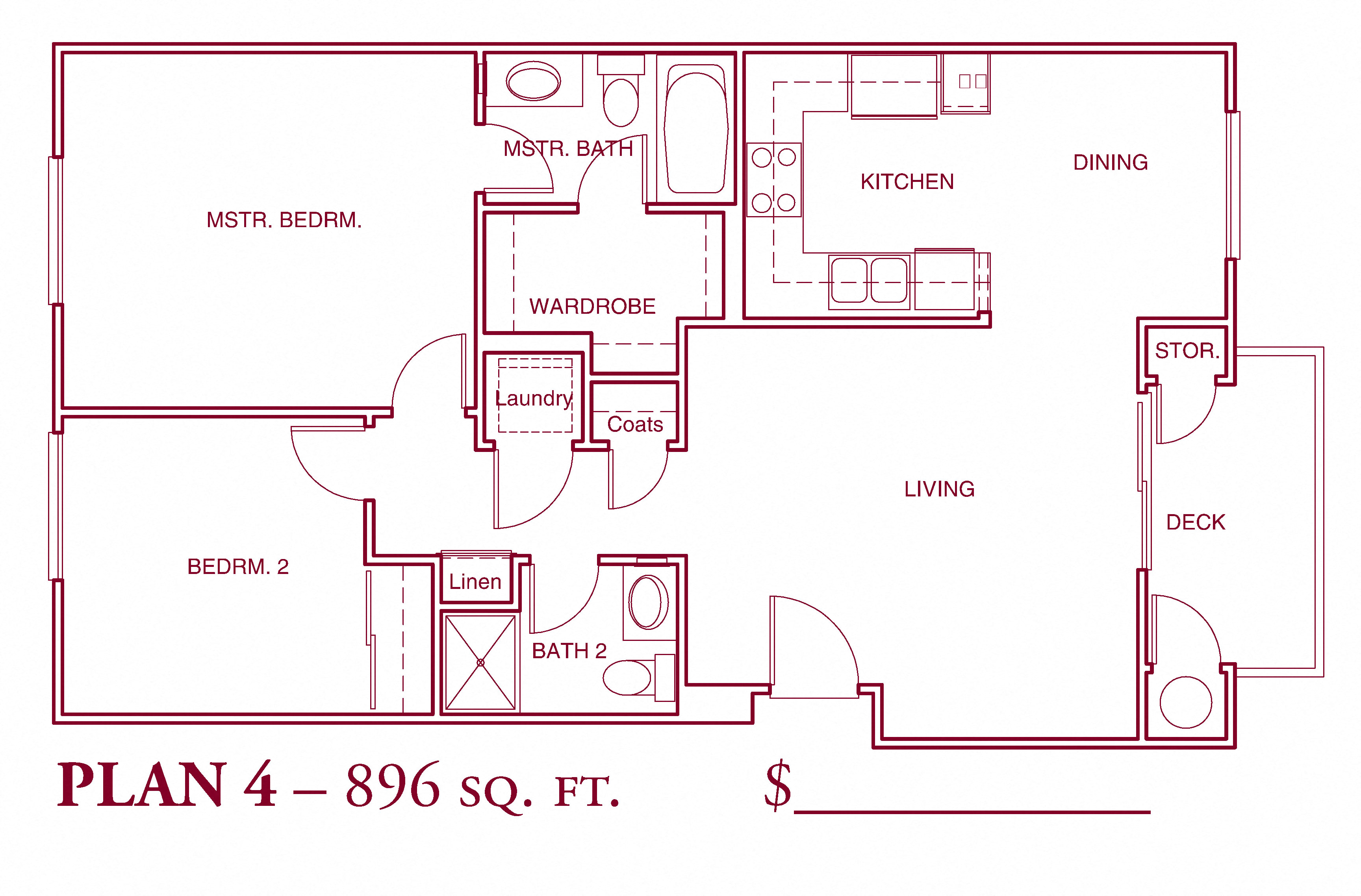 Floor plan for 2 beds, 2 baths, 896 sqft